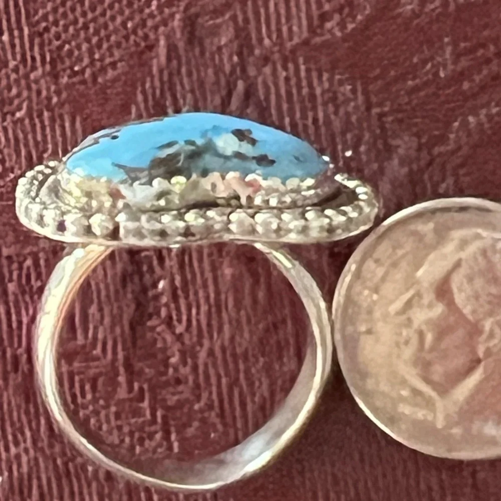 Kingman Turquoise Heart Ring With Copper In Sterling Silver. Large Stone.
